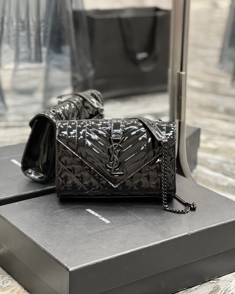 [REP 1:1] Saint Laurent Envelope Small Bag Black In Mix Matelassé Grain De Poudre Embossed Material For Women 8.2in/21cm YSL