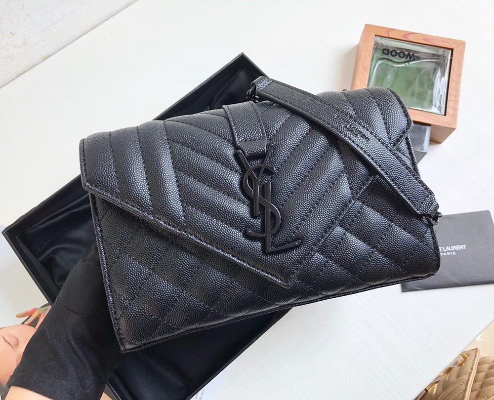 [REP 1:1] Saint Laurent Envelope Small Bag In Mix Matelassé Grain De Poudre Black For Women 8.2in/21cm YSL 600195BOW981000