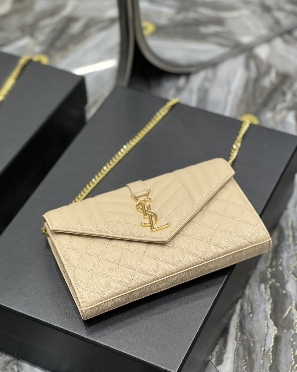 [REP 1:1] Saint Laurent Envelope Small Chain Bag Beige For Women, Women's Bags 8.6in/22cm YSL