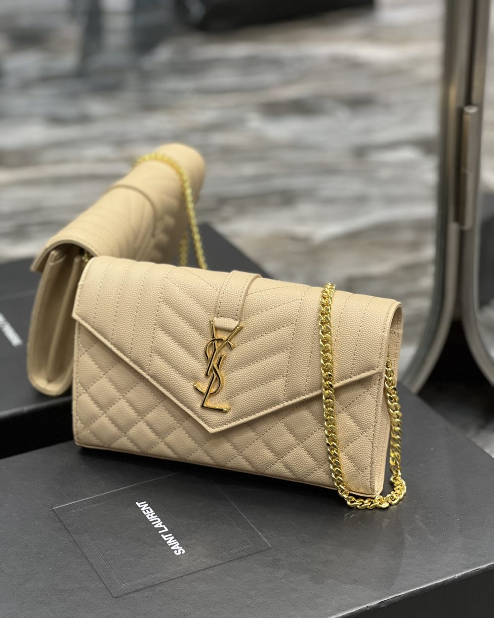 [REP 1:1] Saint Laurent Envelope Small Chain Bag Beige For Women, Women's Bags 8.6in/22cm YSL