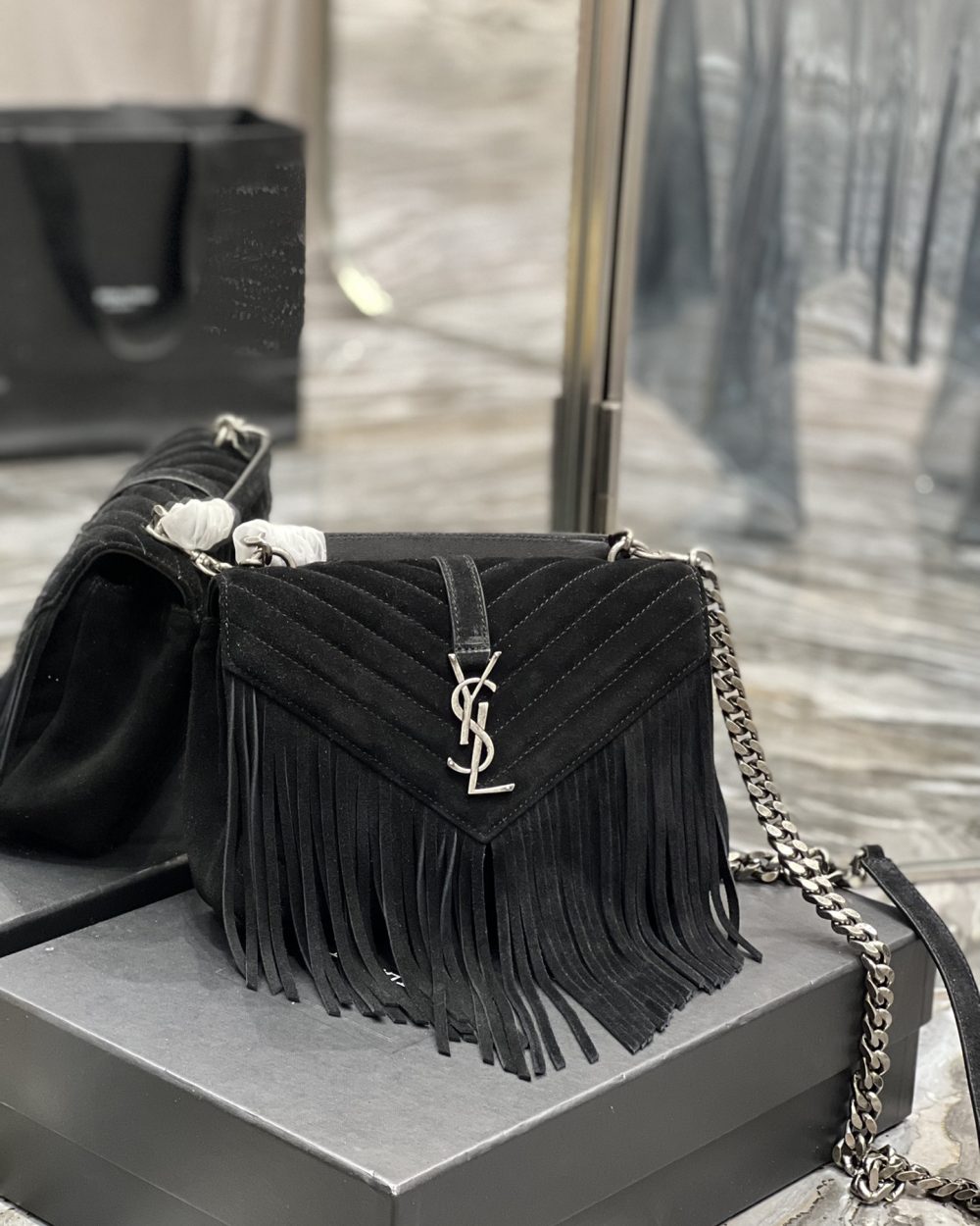 [REP 1:1] Saint Laurent Frosted Belt Fringe Perennial Messenger Bag Black For Women, Women's Bags 9.4in/24cm YSL