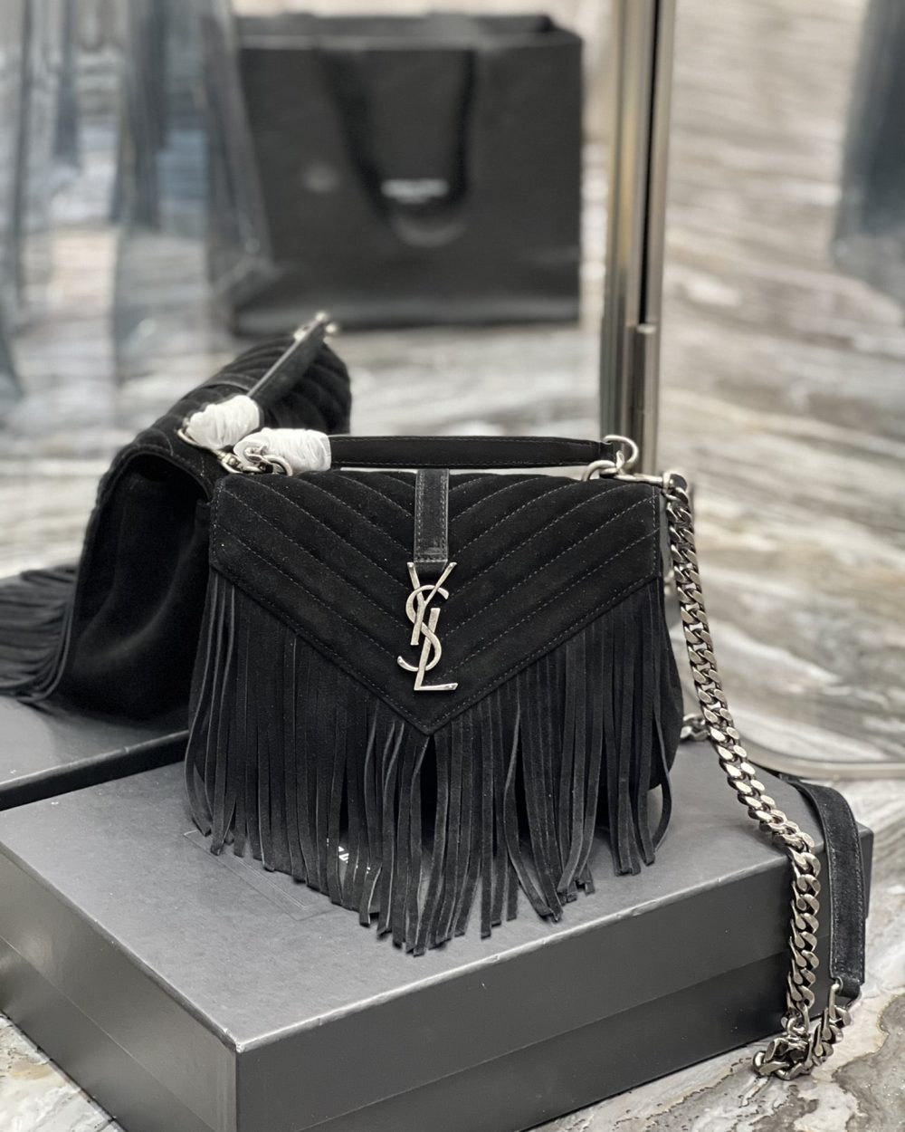[REP 1:1] Saint Laurent Frosted Belt Fringe Perennial Messenger Bag Black For Women, Women's Bags 9.4in/24cm YSL