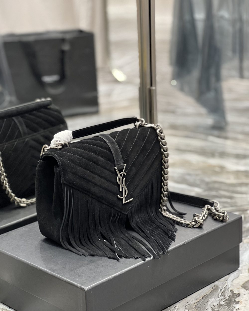 [REP 1:1] Saint Laurent Frosted Belt Fringe Perennial Messenger Bag Black For Women, Women's Bags 9.4in/24cm YSL