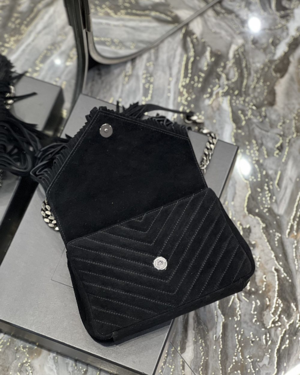 [REP 1:1] Saint Laurent Frosted Belt Fringe Perennial Messenger Bag Black For Women, Women's Bags 9.4in/24cm YSL