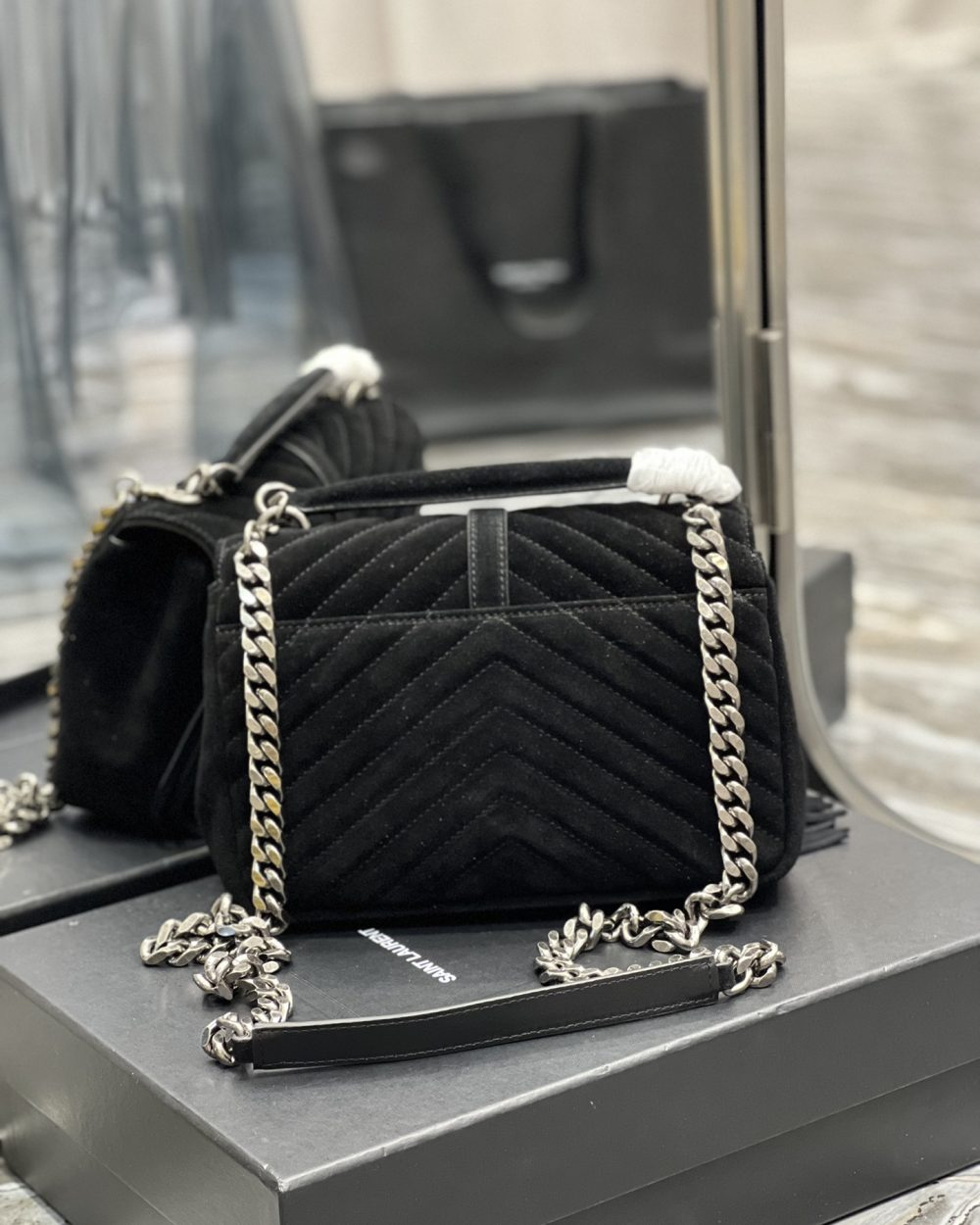 [REP 1:1] Saint Laurent Frosted Belt Fringe Perennial Messenger Bag Black For Women, Women's Bags 9.4in/24cm YSL