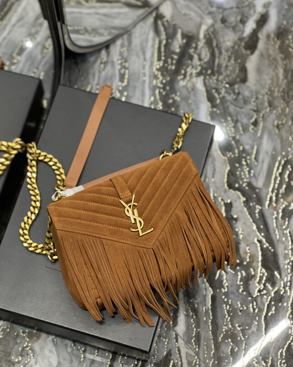 [REP 1:1] Saint Laurent Frosted Belt Fringe Perennial Messenger Bag Brown For Women, Women's Bags 9.4in/24cm YSL
