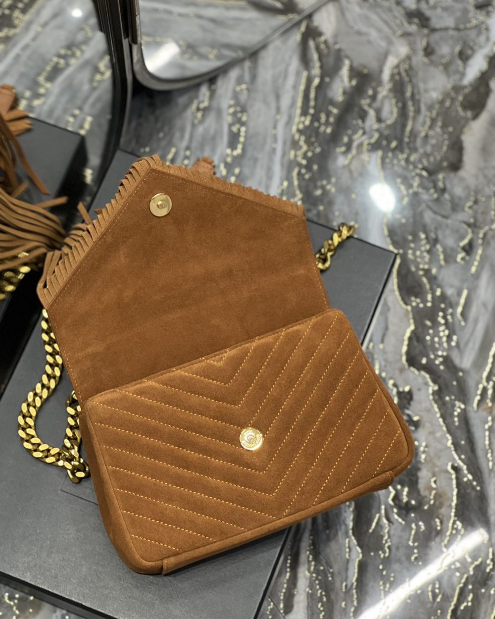 [REP 1:1] Saint Laurent Frosted Belt Fringe Perennial Messenger Bag Brown For Women, Women's Bags 9.4in/24cm YSL