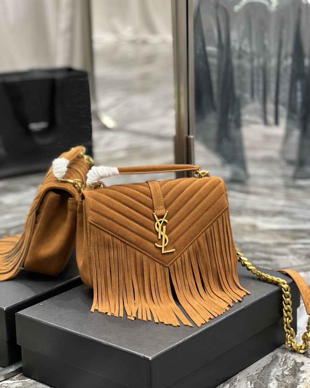 [REP 1:1] Saint Laurent Frosted Belt Fringe Perennial Messenger Bag Brown For Women, Women's Bags 9.4in/24cm YSL
