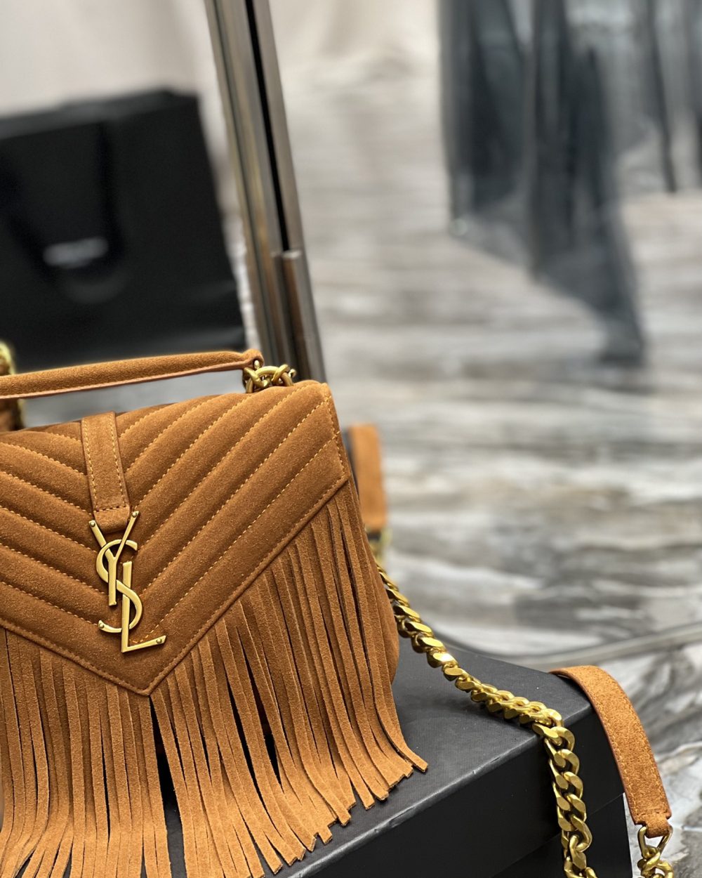 [REP 1:1] Saint Laurent Frosted Belt Fringe Perennial Messenger Bag Brown For Women, Women's Bags 9.4in/24cm YSL