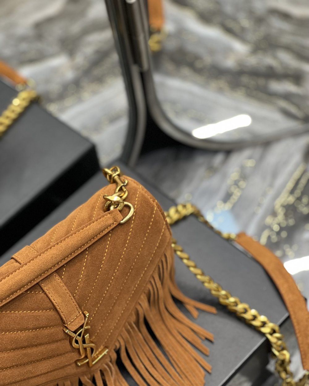 [REP 1:1] Saint Laurent Frosted Belt Fringe Perennial Messenger Bag Brown For Women, Women's Bags 9.4in/24cm YSL