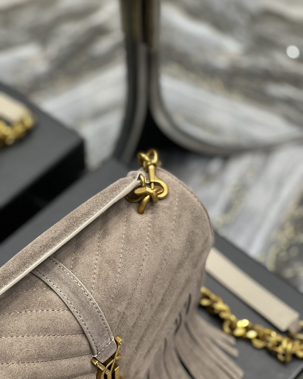 [REP 1:1] Saint Laurent Frosted Belt Fringe Perennial Messenger Bag Gray For Women, Women's Bags 9.4in/24cm YSL