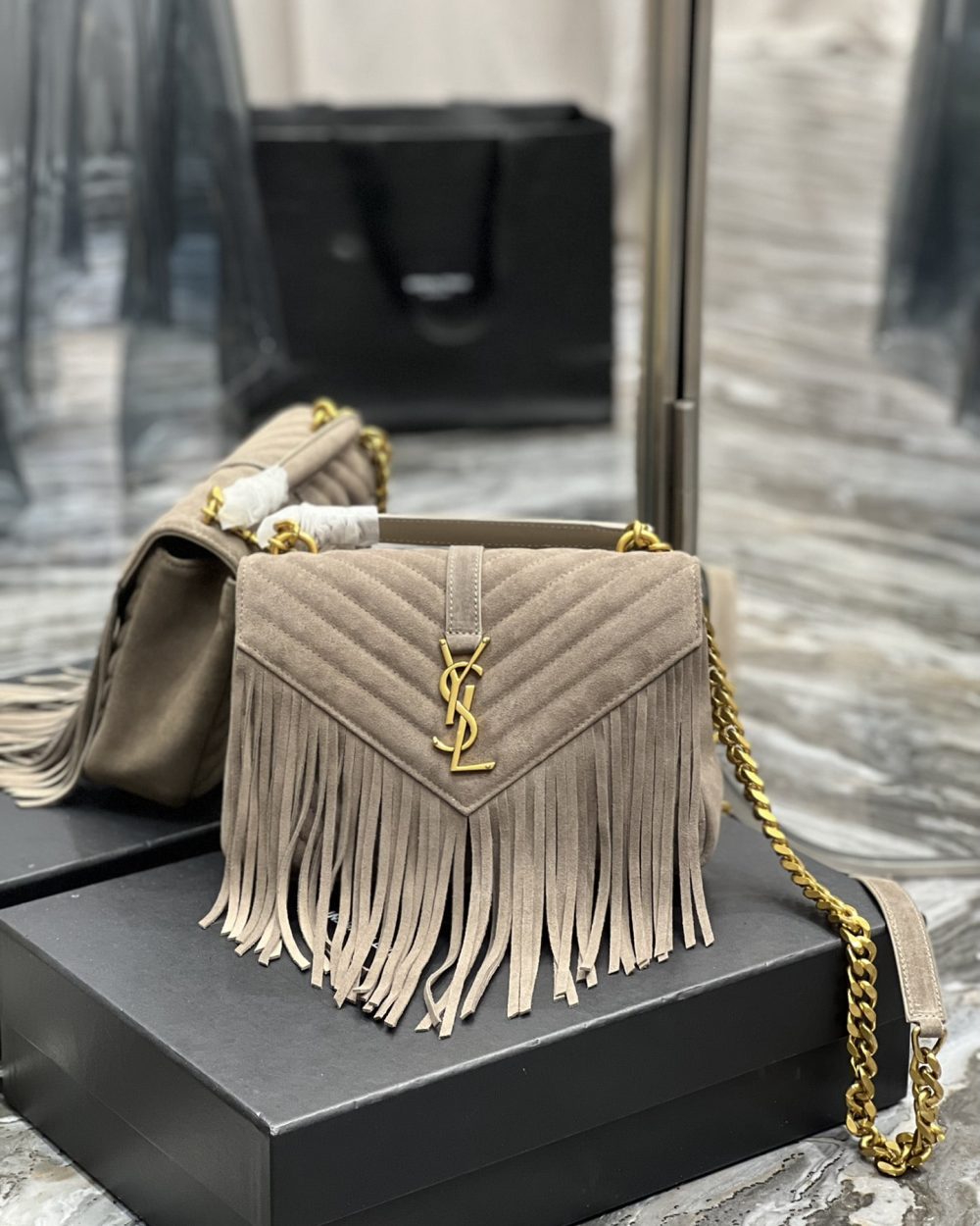 [REP 1:1] Saint Laurent Frosted Belt Fringe Perennial Messenger Bag Gray For Women, Women's Bags 9.4in/24cm YSL
