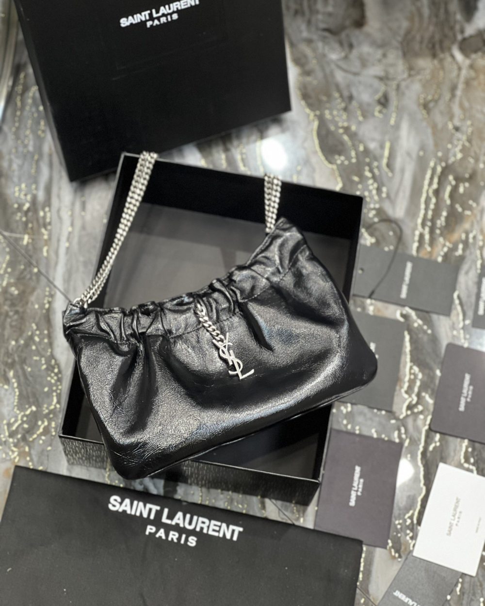 [REP 1:1] Saint Laurent Hobo Mini Bag Black With Silver Hardware For Women 9.4in/24cm YSl