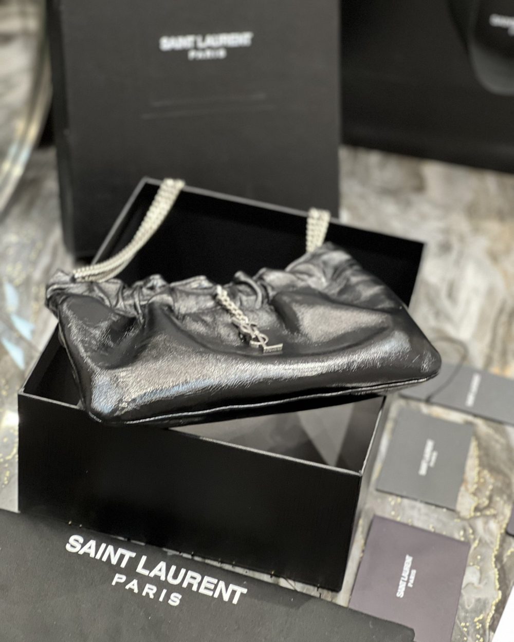 [REP 1:1] Saint Laurent Hobo Mini Bag Black With Silver Hardware For Women 9.4in/24cm YSl