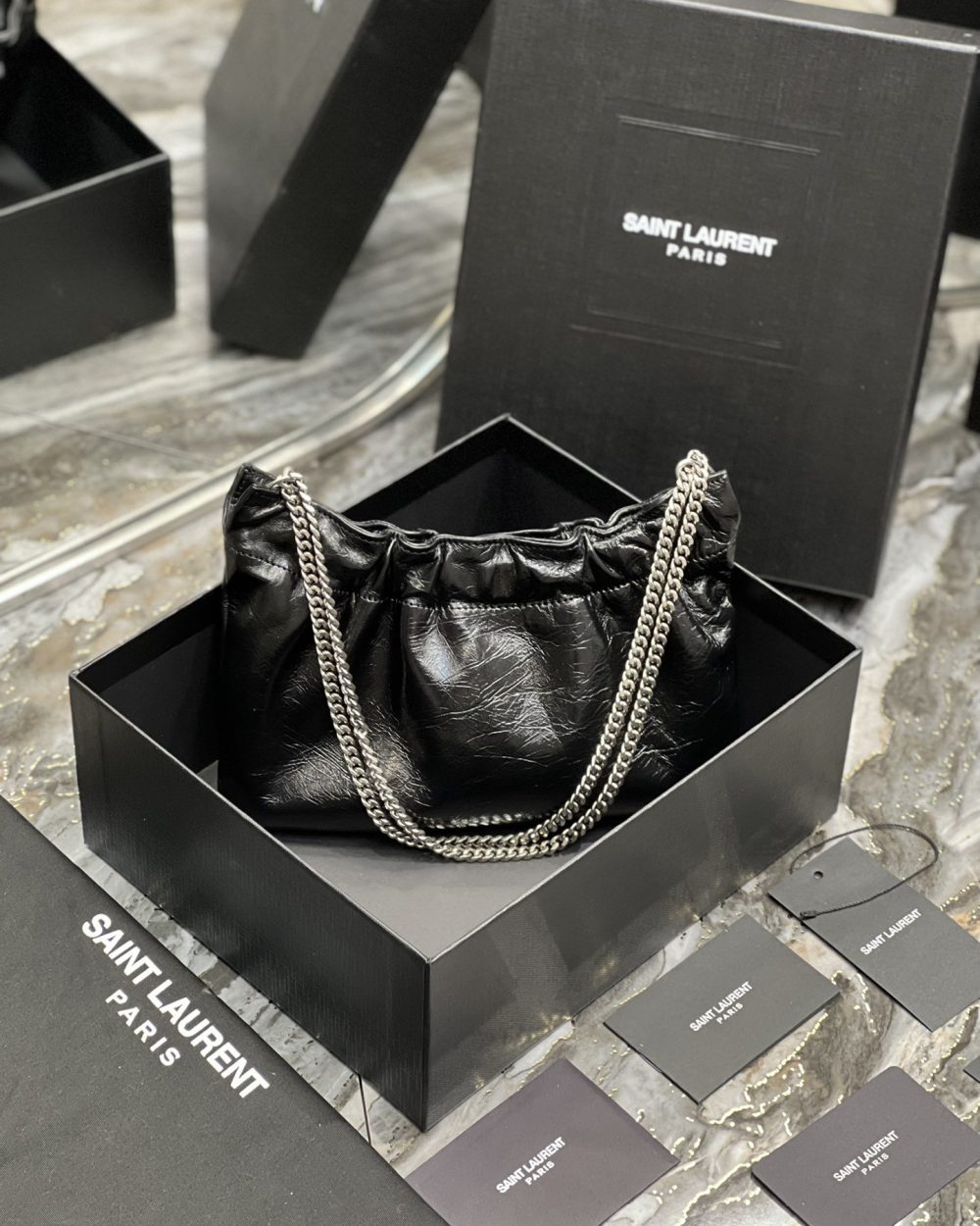 [REP 1:1] Saint Laurent Hobo Mini Bag Black With Silver Hardware For Women 9.4in/24cm YSl