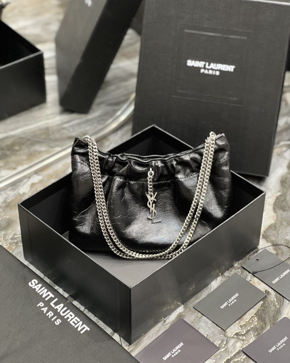 [REP 1:1] Saint Laurent Hobo Mini Bag Black With Silver Hardware For Women 9.4in/24cm YSl