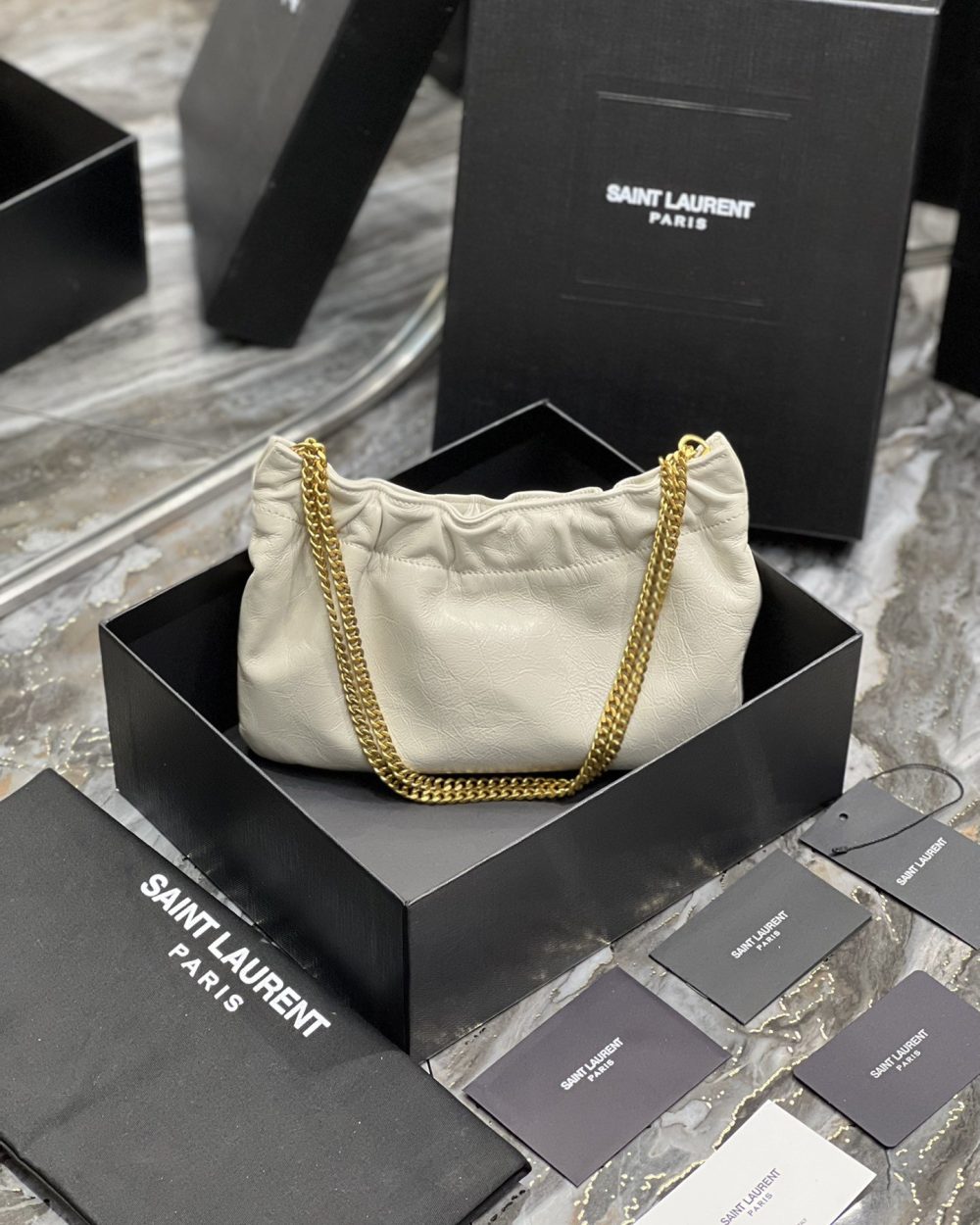 [REP 1:1] Saint Laurent Hobo Mini Bag White With Bronze Toned Hardware For Women 9.4in/24cm YSl