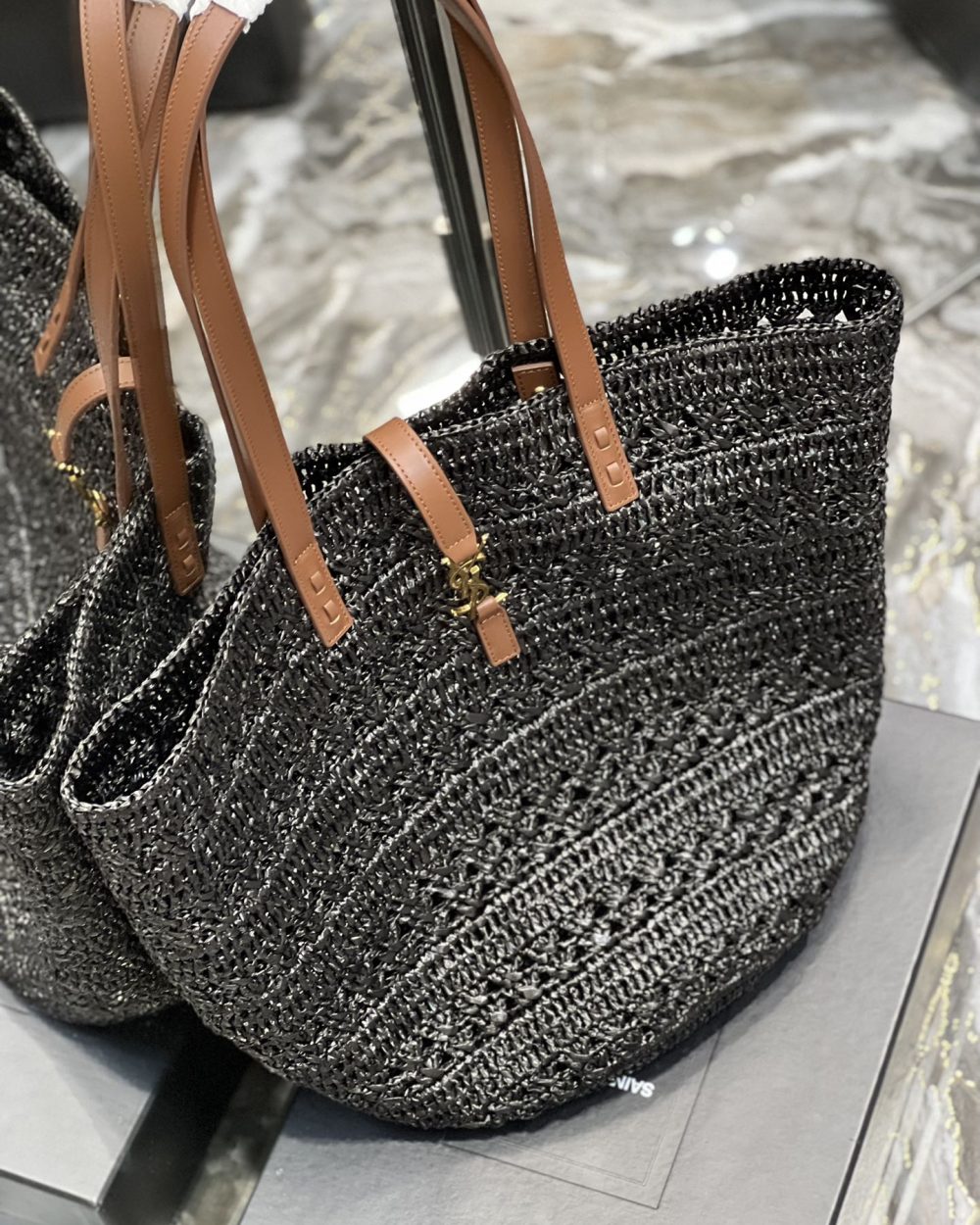 [REP 1:1] Saint Laurent Hollow Straw Woven Tote Bag Black For Women, Women's Bags 21.6in/55cm YSL