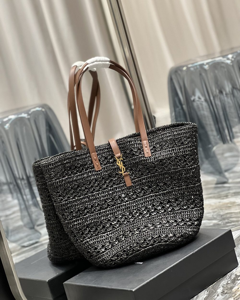 [REP 1:1] Saint Laurent Hollow Straw Woven Tote Bag Black For Women, Women's Bags 21.6in/55cm YSL