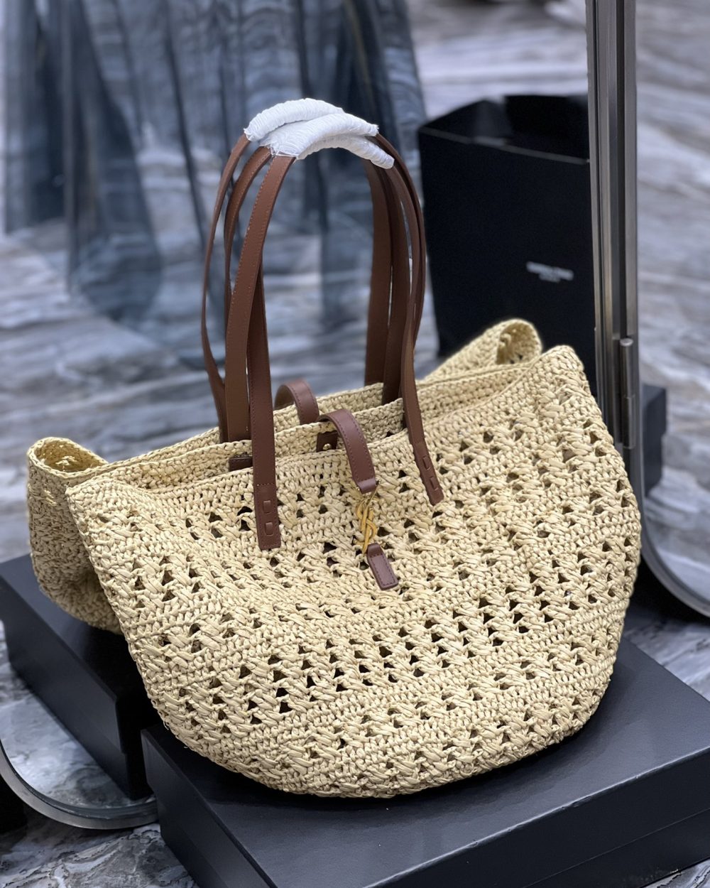 [REP 1:1] Saint Laurent Hollow Straw Woven Tote Bag Yellow For Women, Women's Bags 21.6in/55cm YSL