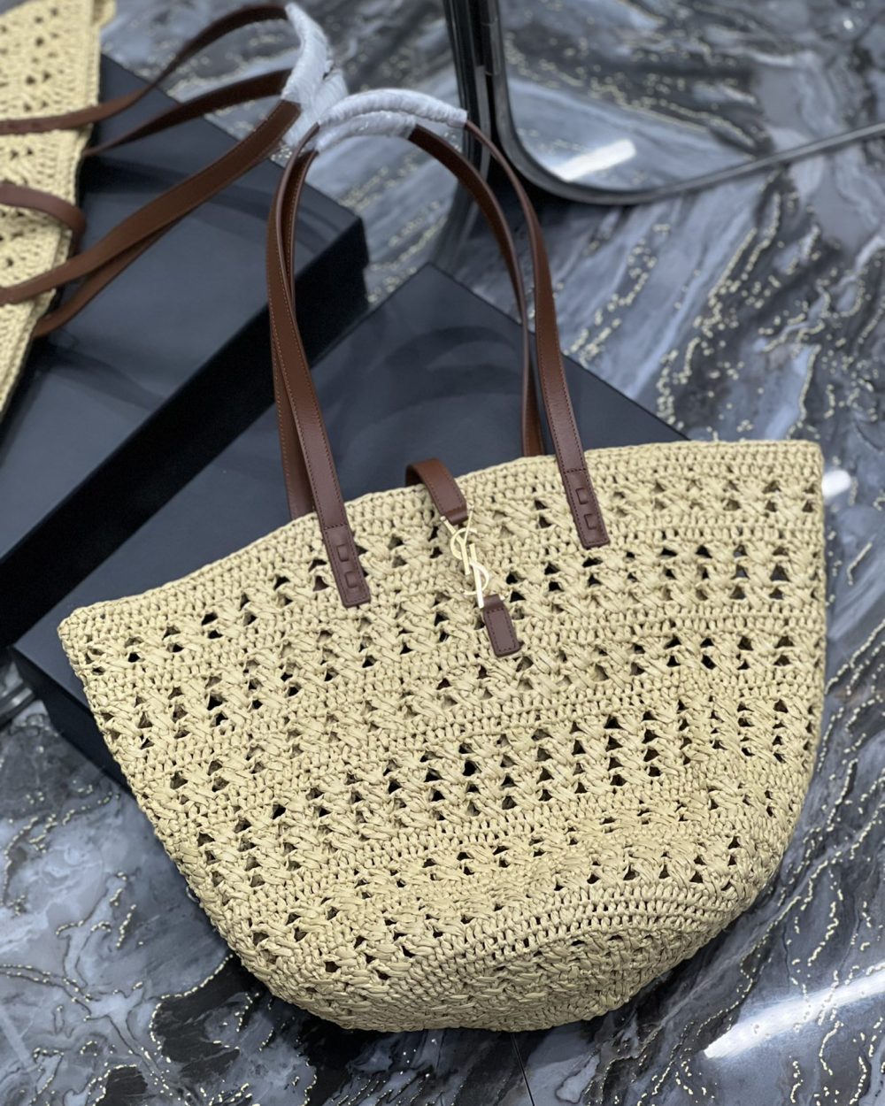 [REP 1:1] Saint Laurent Hollow Straw Woven Tote Bag Yellow For Women, Women's Bags 21.6in/55cm YSL