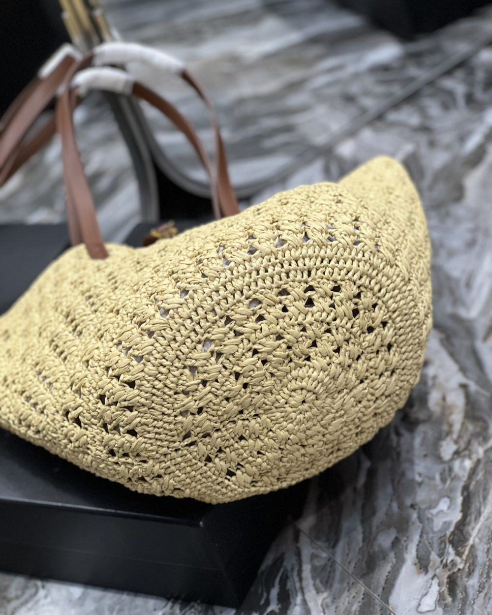 [REP 1:1] Saint Laurent Hollow Straw Woven Tote Bag Yellow For Women, Women's Bags 21.6in/55cm YSL