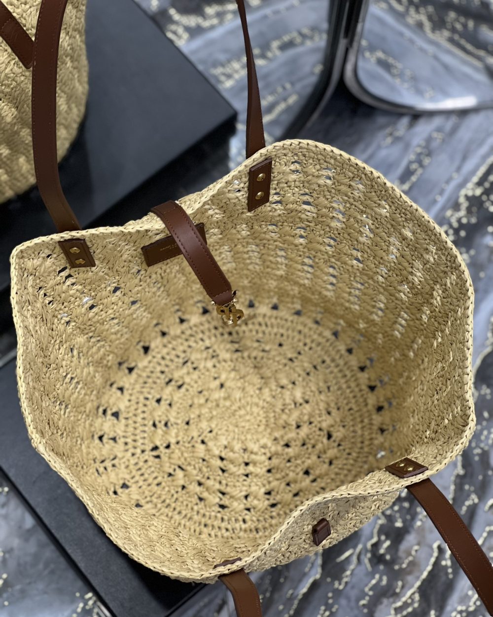 [REP 1:1] Saint Laurent Hollow Straw Woven Tote Bag Yellow For Women, Women's Bags 21.6in/55cm YSL