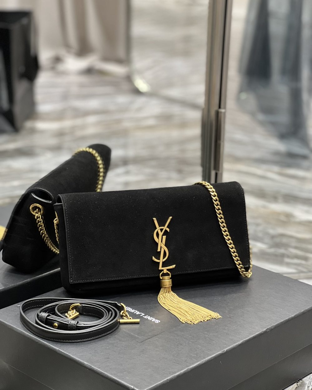 [REP 1:1] Saint Laurent Kate 99 Chain Bag With Tassel Black For Women, Women's Bags 10.2in/26cm YSL