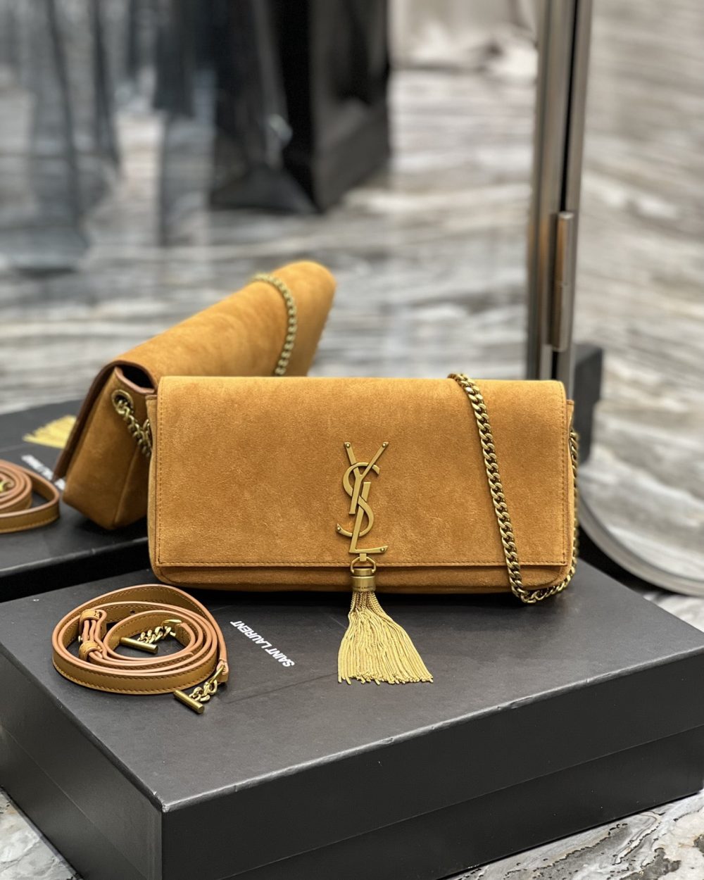 [REP 1:1] Saint Laurent Kate 99 Chain Bag With Tassel Brown For Women, Women's Bags 10.2in/26cm YSL