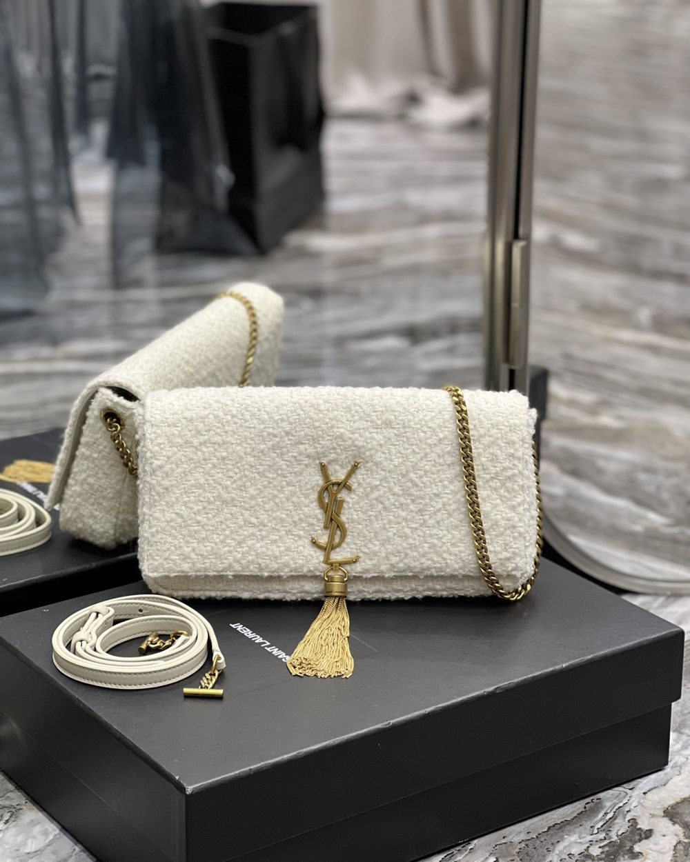 [REP 1:1] Saint Laurent Kate 99 Chain Bag With Tassel White For Women, Women's Bags 10.2in/26cm YSL
