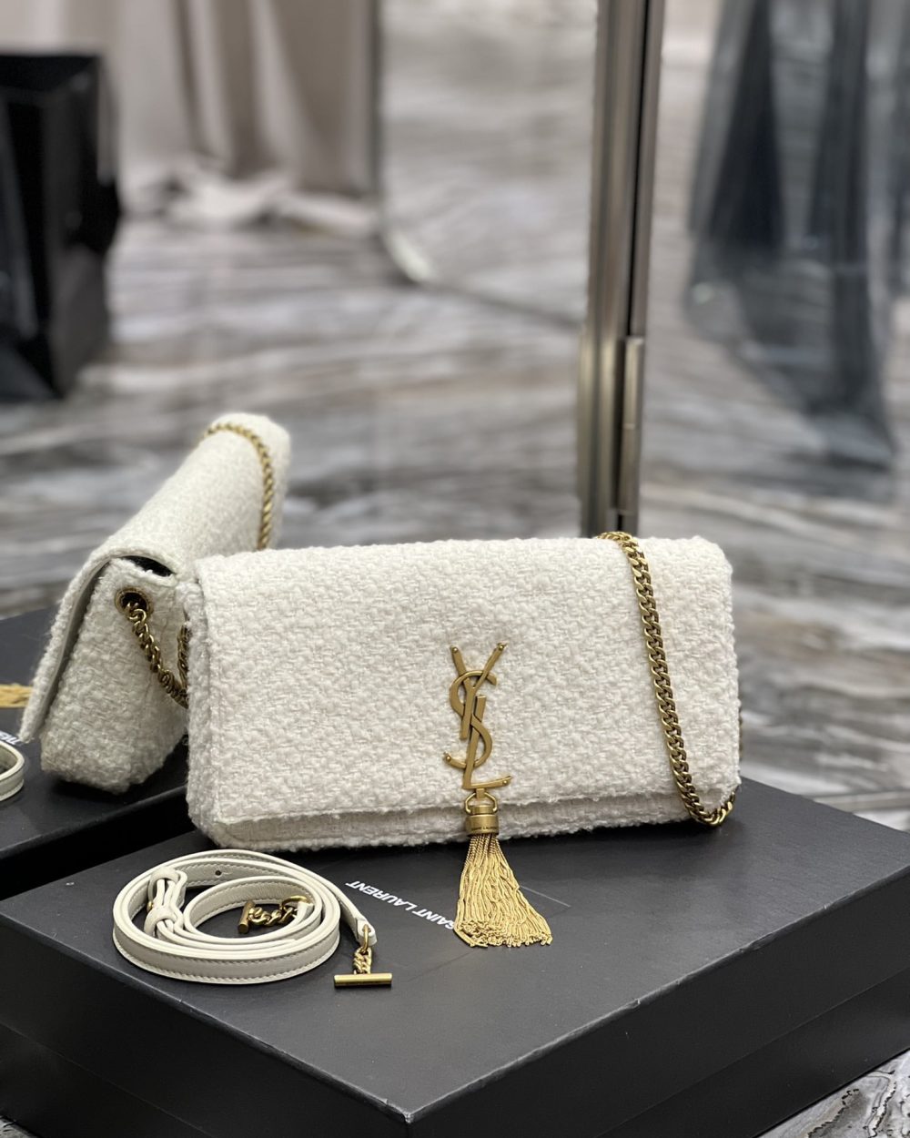 [REP 1:1] Saint Laurent Kate 99 Chain Bag With Tassel White For Women, Women's Bags 10.2in/26cm YSL
