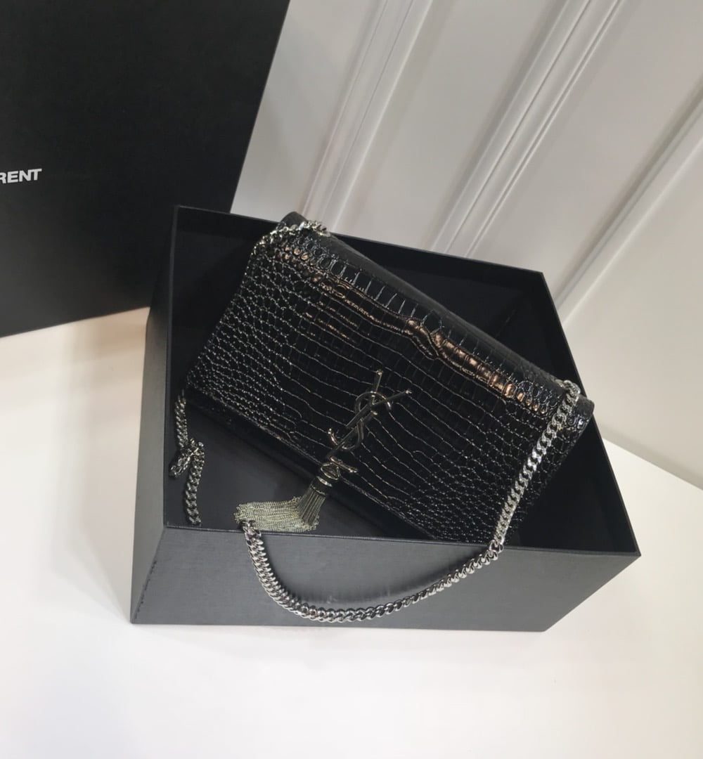 [REP 1:1] Saint Laurent Kate Medium Chain Bag With Tassel In Embossed Crocodile Black For Women 9.4in/24cm YSL 354119DND0N1000