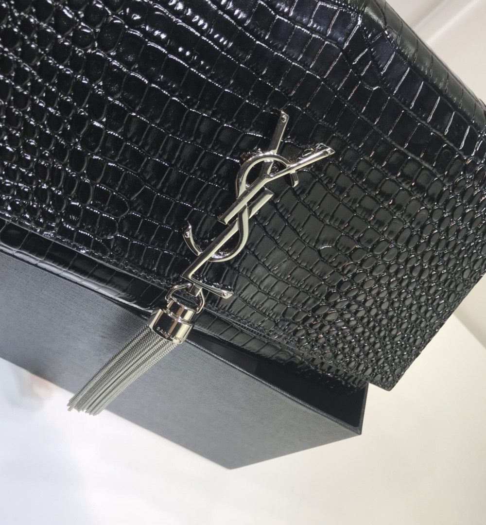 [REP 1:1] Saint Laurent Kate Medium Chain Bag With Tassel In Embossed Crocodile Black For Women 9.4in/24cm YSL 354119DND0N1000