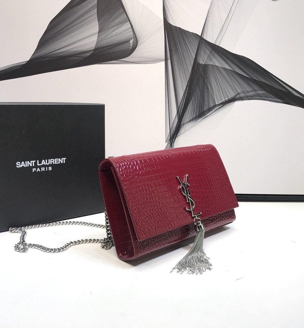 [REP 1:1] Saint Laurent Kate Medium Chain Bag With Tassel In Embossed Crocodile Burgundy For Women 9.4in/24cm YSL