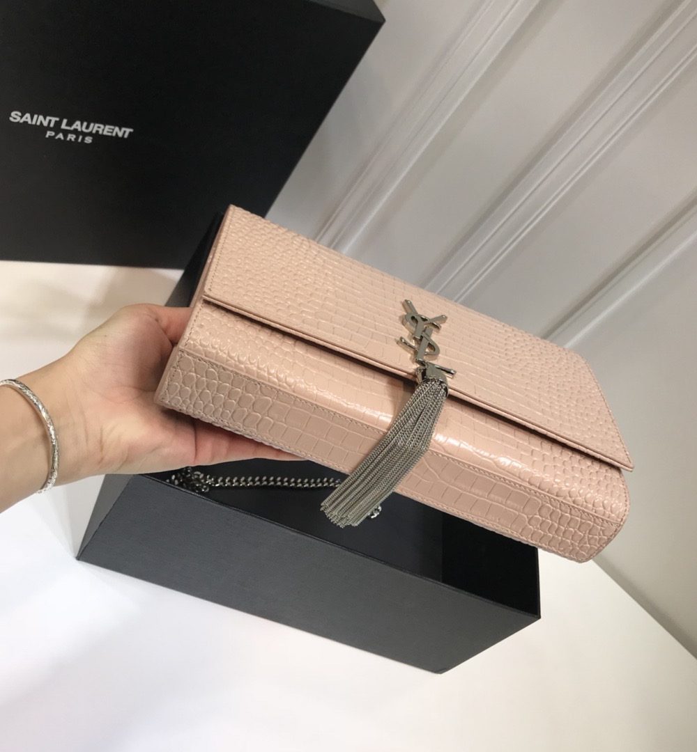 [REP 1:1] Saint Laurent Kate Medium Chain Bag With Tassel In Embossed Crocodile Dark Beige For Women 9.4in/24cm YSL