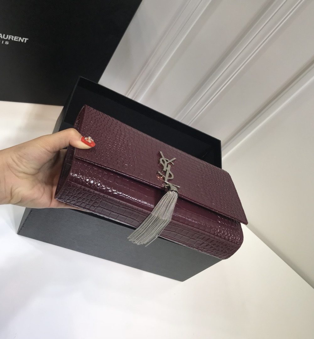 [REP 1:1] Saint Laurent Kate Medium Chain Bag With Tassel In Embossed Crocodile Dark Violet For Women 9.4in/24cm YSL