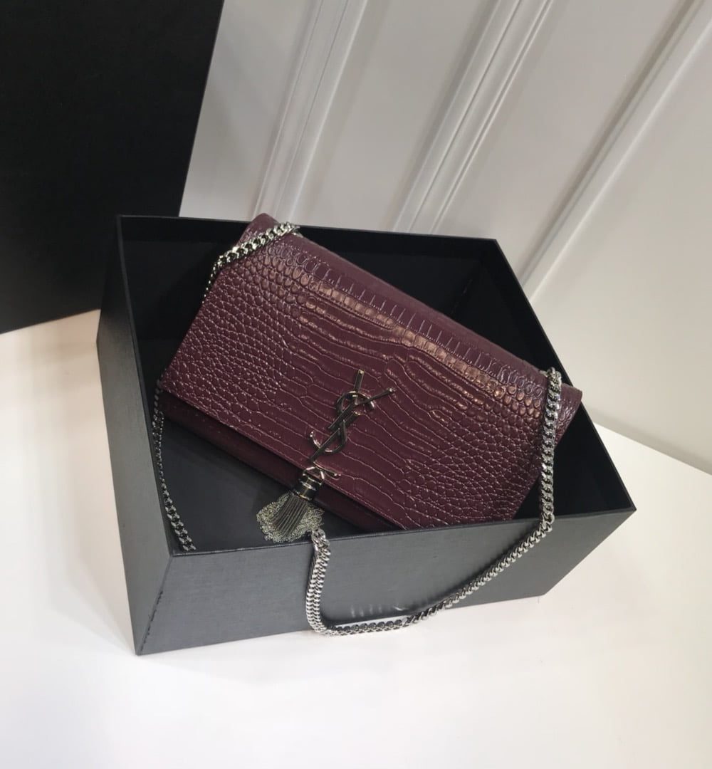 [REP 1:1] Saint Laurent Kate Medium Chain Bag With Tassel In Embossed Crocodile Dark Violet For Women 9.4in/24cm YSL