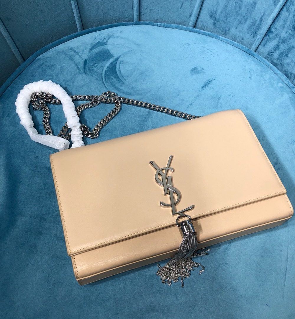 [REP 1:1] Saint Laurent Kate Medium Chain Bag With Tassel In Grain De Poudre Beige For Women 9.4in/24cm YSL