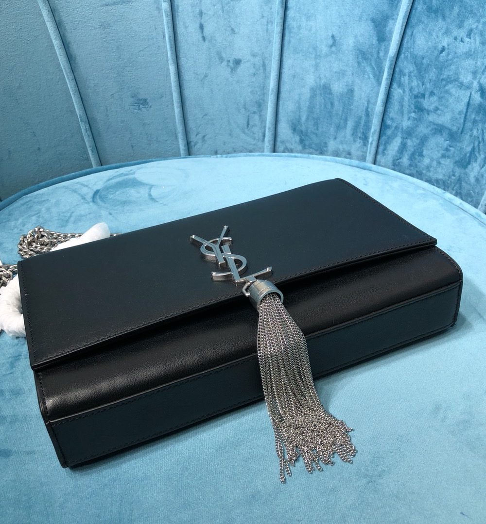 [REP 1:1] Saint Laurent Kate Medium Chain Bag With Tassel In Grain De Poudre Black For Women 9.4in/24cm YSL 354119BOW0N1000