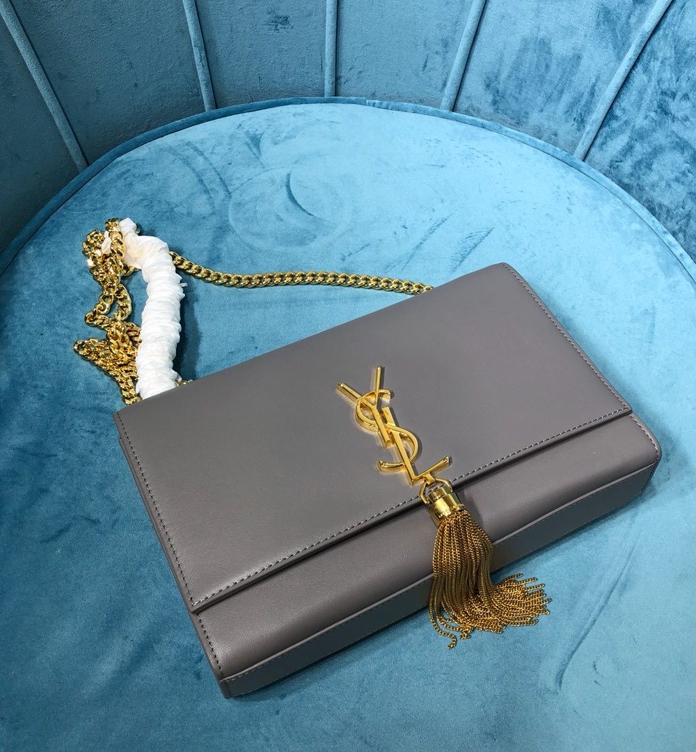 [REP 1:1] Saint Laurent Kate Medium Chain Bag With Tassel In Grain De Poudre Grey For Women 9.4in/24cm YSL