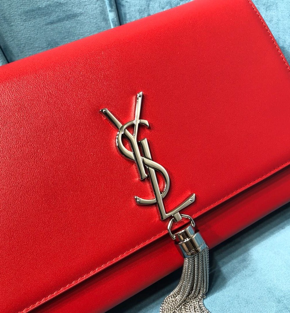 [REP 1:1] Saint Laurent Kate Medium Chain Bag With Tassel In Grain De Poudre Red For Women 9.4in/24cm YSL