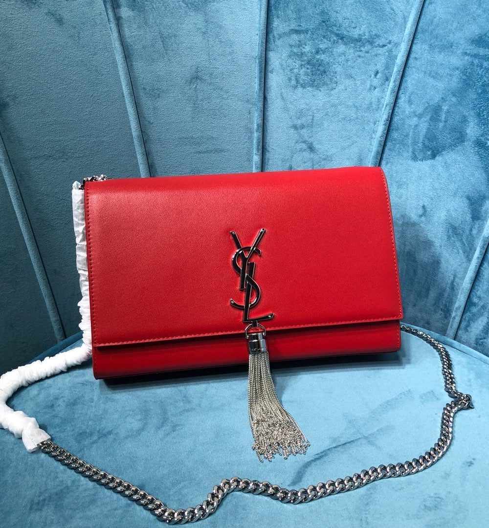[REP 1:1] Saint Laurent Kate Medium Chain Bag With Tassel In Grain De Poudre Red For Women 9.4in/24cm YSL
