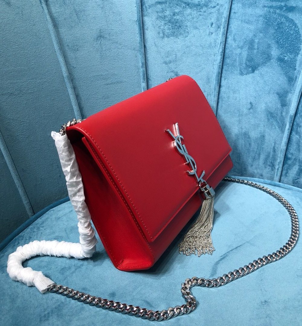 [REP 1:1] Saint Laurent Kate Medium Chain Bag With Tassel In Grain De Poudre Red For Women 9.4in/24cm YSL