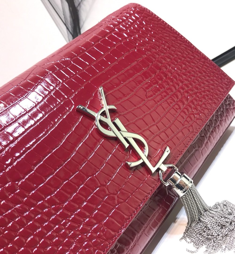 [REP 1:1] Saint Laurent Kate Medium Chain Bag With Tassel In Shiny-Embossed Burgundy For Women 9.4in/24cm