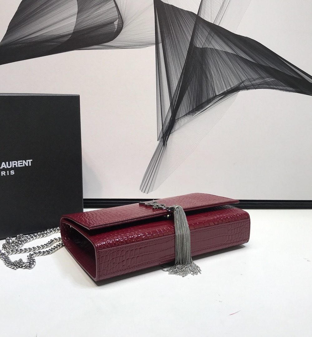[REP 1:1] Saint Laurent Kate Medium Chain Bag With Tassel In Shiny-Embossed Burgundy For Women 9.4in/24cm