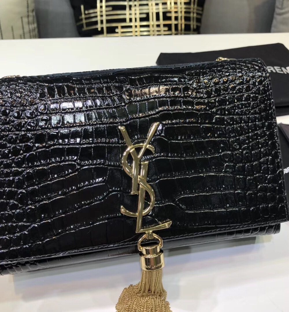 [REP 1:1] Saint Laurent Kate Small Chain Bag With Tassel In Embossed Black For Women 7.8in/20cm YSL 474366DND0J1000