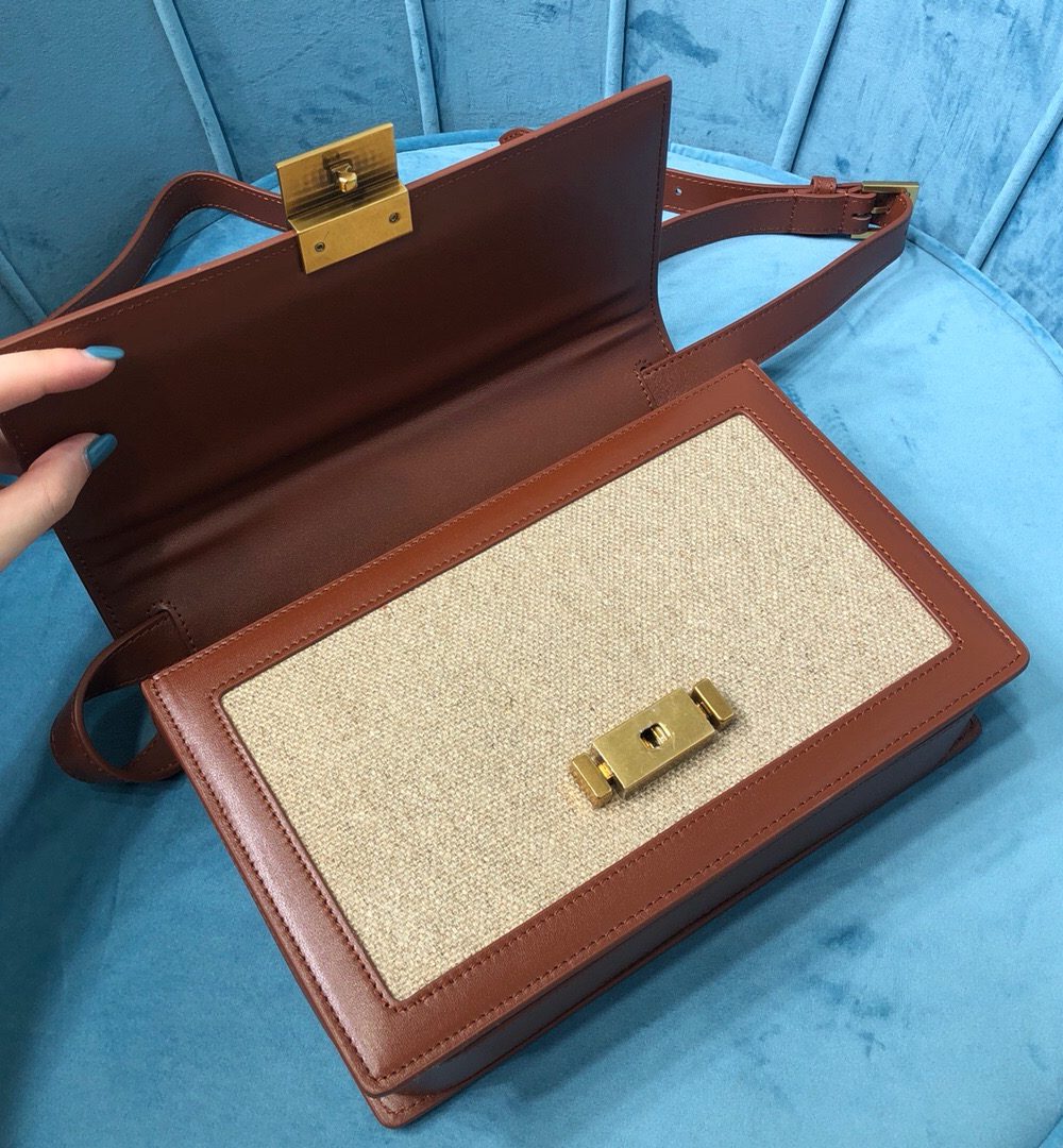 [REP 1:1] Saint Laurent Le Carré Satchel In Canvas And Box Natural Beige & Brick For Women 9in/23cm YSL