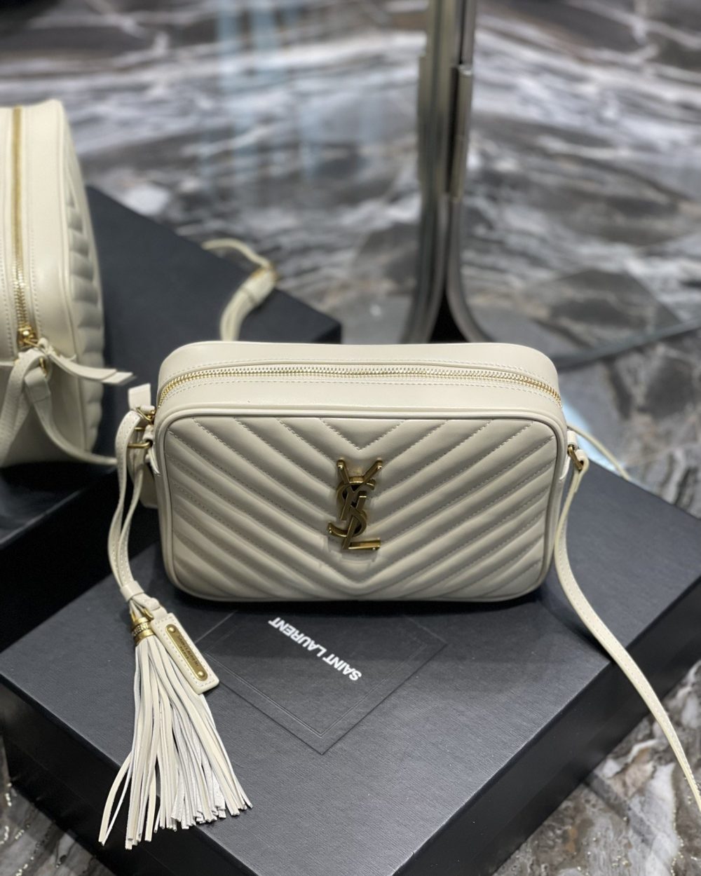 [REP 1:1] Saint Laurent Lou Camera Bag White With Gold Toned Hardware For Women 9in/23cm YSL 612544DV7079207