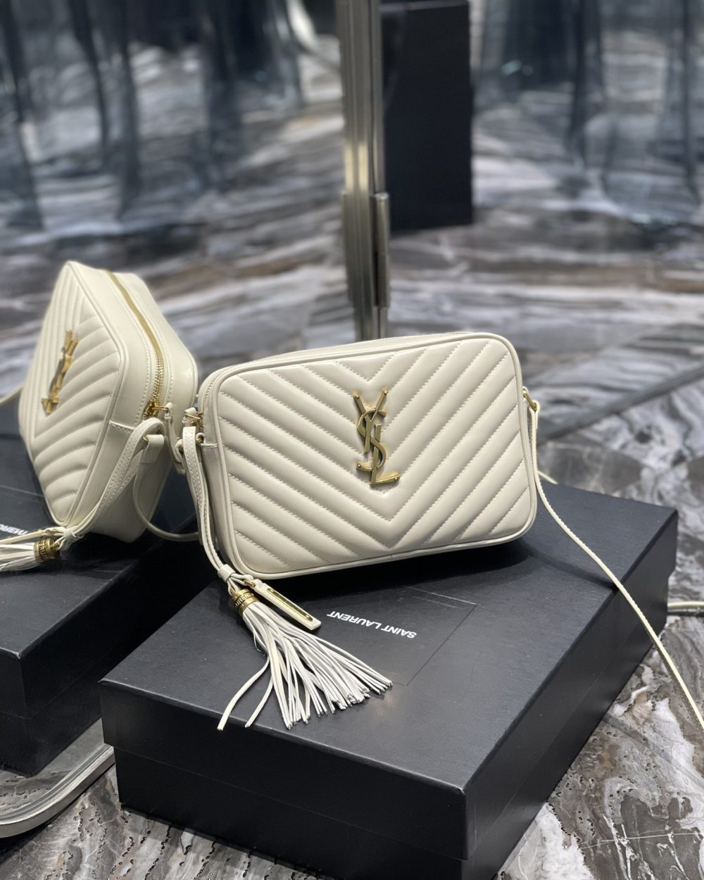 [REP 1:1] Saint Laurent Lou Camera Bag White With Gold Toned Hardware For Women 9in/23cm YSL 612544DV7079207