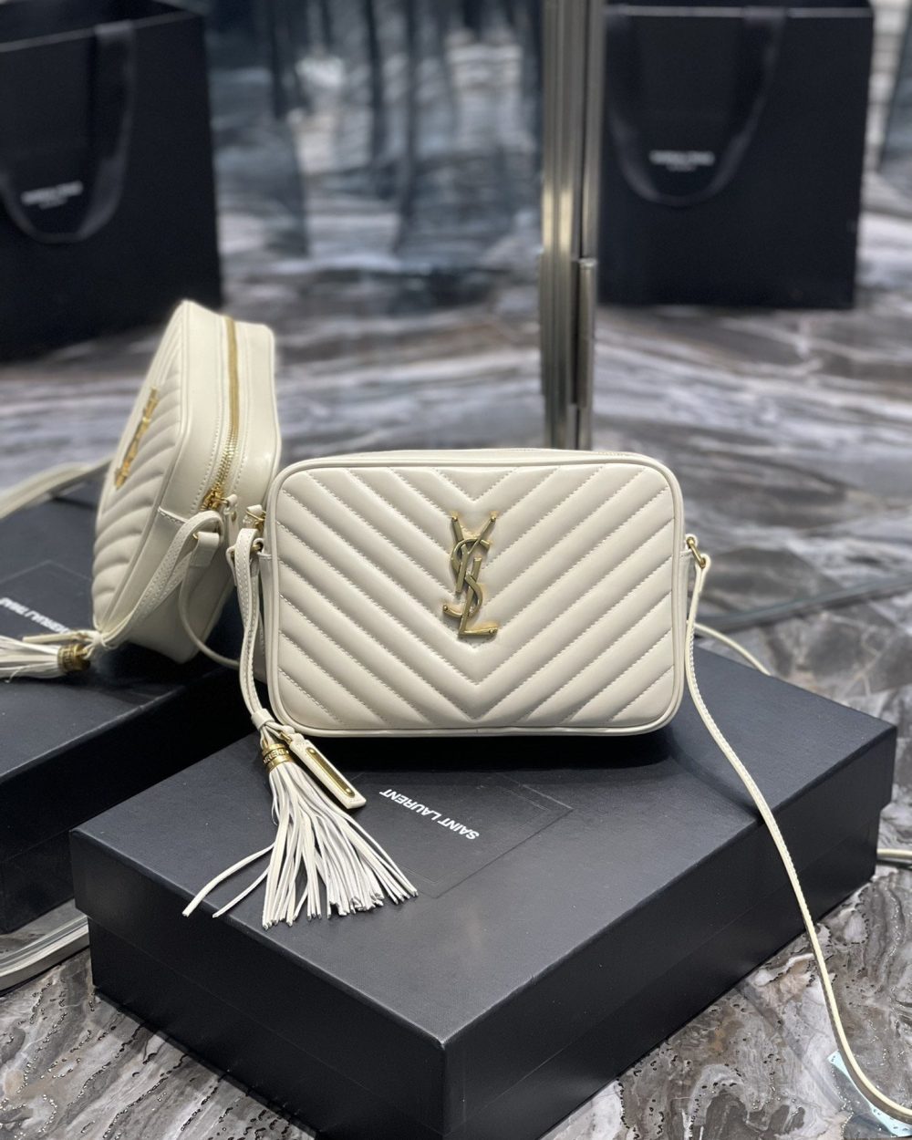 [REP 1:1] Saint Laurent Lou Camera Bag White With Gold Toned Hardware For Women 9in/23cm YSL 612544DV7079207